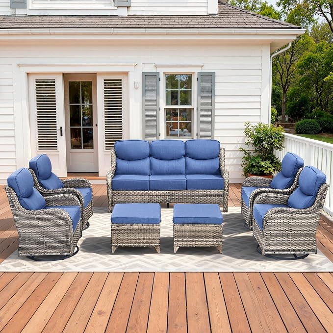 Luxury High Back Patio Furniture Set with 6-Inch Thick Cushions, 7-Pieces Outdoor Furniture with Swivel Chairs, Wicker Conversation Set for Porch, Balcony, Deck and Yard, Grey/Blue