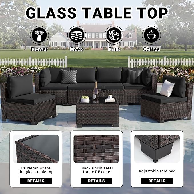 LAFWLL 7 Pieces Outdoor Patio Furniture Sets,Rattan Conversation Sectional Set,Manual Weaving Wicker Patio Sofa with Tea Table
