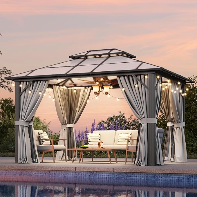 Aoxun 10'x12' Hardtop Gazebo, Outdoor Metal Gazebo with Double Polycarbonate Roof Canopy, Permanent Pavilion with Netting and Curtains for Lawn, Garden, Patio (Gray)