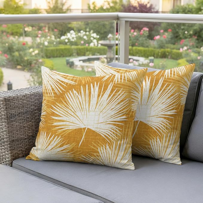 Throw Pillow Covers 24x24 Inch Set of 2, Golden Yellow Palm Leaves Waterproof Outdoor Pillow Covers, Summer Tropical Botanical Decorative Cushion Pillowcases for Couch, Sofa, Bed, Garden, Patio