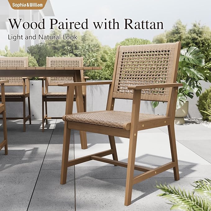 Sophia & William Patio Dining Chairs Outdoor 2 Pieces Hand Woven Wooden Rattan, Acacia Wood Outside Chair with Rattan Seat & Back for Porch Backyard Set of 2(Light Brown)