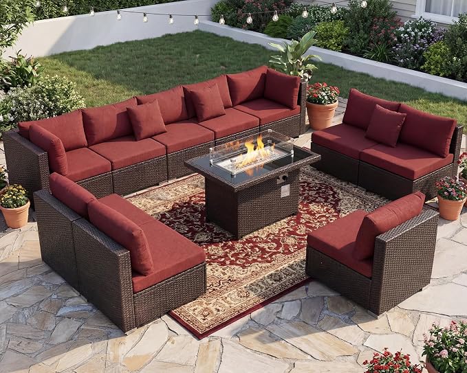 BULEXYARD 11 Piece High Back Wicker Patio Furniture Sets with Fire Pit, Luxury Extra Large Size Outdoor Seating Set, Comfortable Extra Wide Deep 10-Seater Sectional Couch Sofa for Outside, Brown & Red