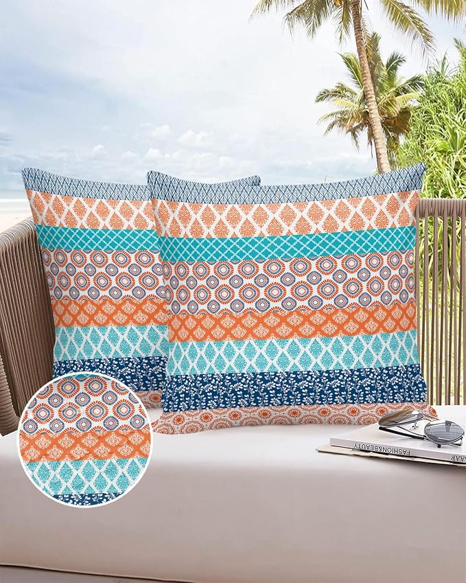 Outdoor Waterproof Pillow Covers Set of 2, Boho Geometric Floral Stripe Ethnic Turquoise Orange Blue Patio Throw Pillow Covers, Decorative Cushion Case for Couch Sofa Furniture Garden, 18x18 Inch