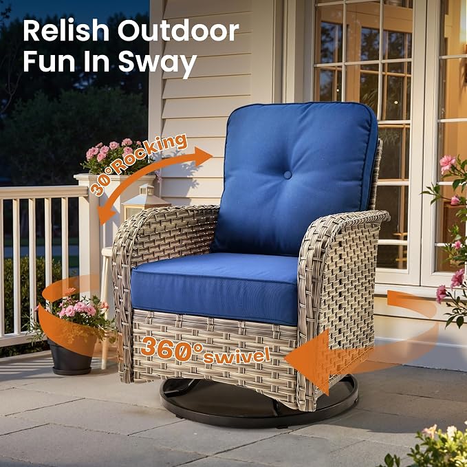 ovios 9 Piece Patio Sectional Furniture with Swivel Rocking Chairs, Rattan Wicker Coversation Couch Set, Outdoor Sofa Set for Outside Porch Balcony Backyard Pool, Navy Blue