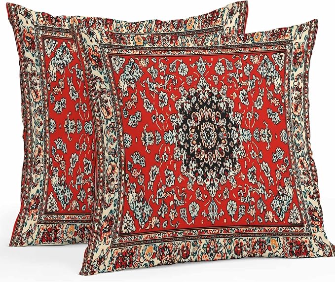 Vandarllin Outdoor Throw Pillows Covers 24x24 inch Set of 2 Waterproof Red Bohemian Decorative Zippered Cushion Covers for Patio Furniture, Boho Tribe Texture Lumbar Pillowcases