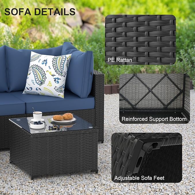 Patio Furniture Set, 5PCS Outdoor Sectional with Ottoman Wicker Rattan Patio Couch with Thickened Cushion Modular Wicker Patio Conversation Set with Glass Top Table for Balcony, Backyard (Navy Blue)