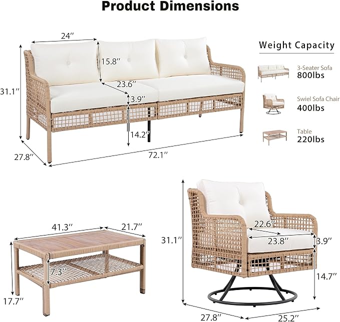 4 Piece Outdoor Furniture Set with Swivel Chair, High Back Wicker Rattan Sofa with Coffee Table for 5 People, Sectional Conversation Set for Patio Poolside Backyard Deck, Beige