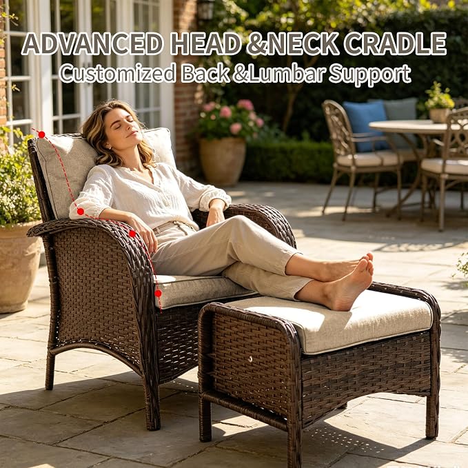 All Weather Patio Furniture Set, High Back Swivel Rocker Glider Chairs，Ottomans & Glass Tables, Outdoor Conversation Set for Deck Porch Yard Poolside (Brown, 7PCS-Sofa&Swivel Chairs&Ottomans&Tables)
