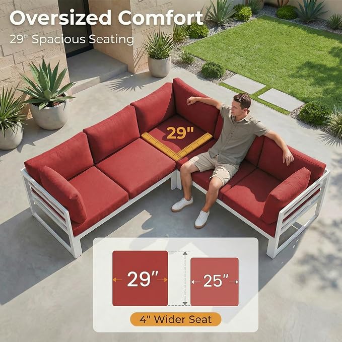 RADIATA 9 Piece High End Aluminum Patio Furniture Set with Fire Pit Table, 500 lbs Heavy Duty Outdoor Sectional Sofa, 29" Deep Wide Oversized Seating L Shaped Conversation Couch for Exterior, Burgundy
