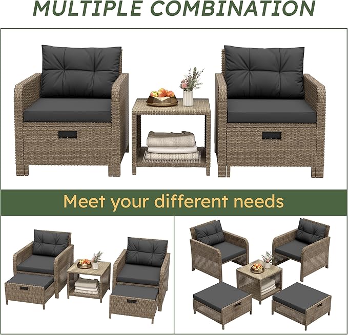 LHBcraft Balcony Furniture 5 Piece Wicker Patio Furniture Set, Outdoor Hand-Woven Rattan Lounge Chairs with Tempered Glass Coffee Table, Ottomans & Soft Cushions for Front Porch, Garden, Black