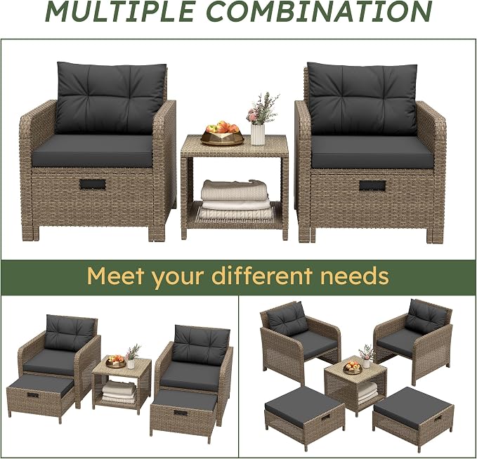 LHBcraft 5 Pieces Patio Set, PE Rattan Patio Conversation Set with Soft Cushions & Coffee Table, Outdoor Chairs with Hidden Ottoman for Porch, Lawn, Garden, Balcony, Black