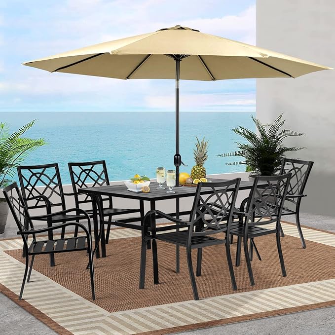 Crownland 7 Piece Outdoor Patio Metal Dining Sets, 6 Stackable Metal Chairs and Rectangular Outdoor Dining Table with with Khaki 9FT Round Outdoor Umbrella, for Backyard, Garden (Classic Black)