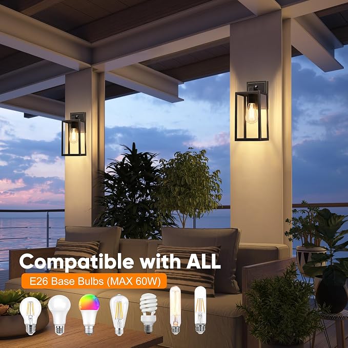 Black Exterior Light Fixtures Wall Mount with Gold Rim, Dusk to Dawn Outdoor Porch Lights Lamp, Sensor Wall Sconce, Waterproof Outdoor Lantern for House Doorway, Garage 2 Pack
