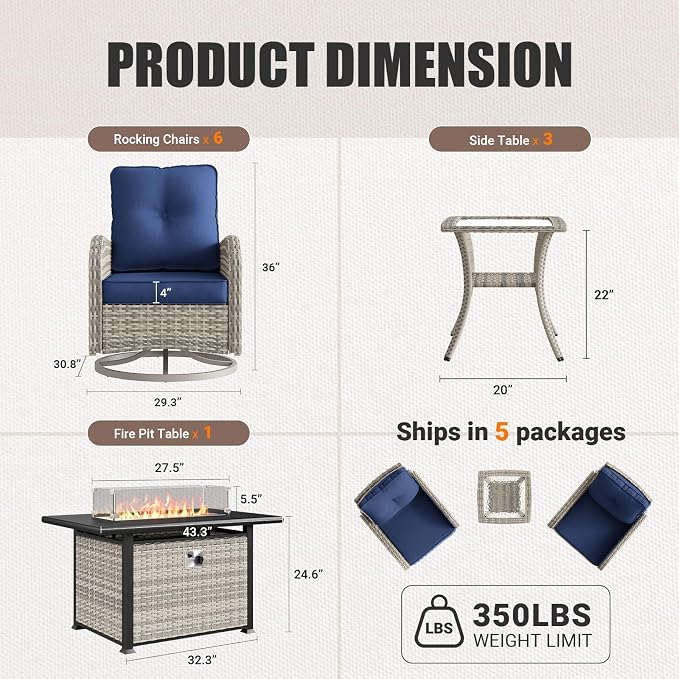 10Pcs Patio Rocking Swivel Chair with 55,000 BTU Fire Pit Table Outdoor Wicker Rattan Bistro Set with Tempered Glass Side Table, Outdoor Patio Furniture Set for Garden and Balcony, Blue