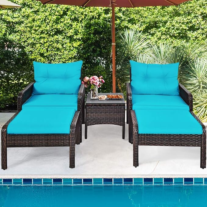 HAPPYGRILL 5-Pieces Patio Furniture Set Outdoor Rattan Wicker Conversation Set with Coffee Table Cushioned Sofas and Ottoman Chat Set for Garden Backyard