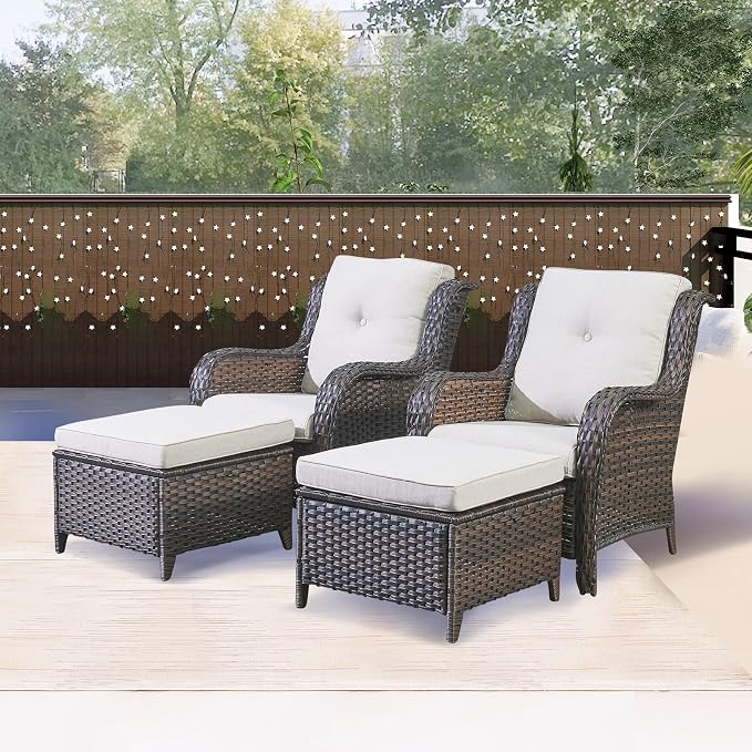 Rilyson Luxury 4 Pieces Patio Wicker Furniture Ottomans, Wicker Patio Chairs Set of 2 with Ottoman, Rattan Outdoor Porch Chair with Thick Cushion for Balcony Deck Yard and Porch (Brown/Beige)