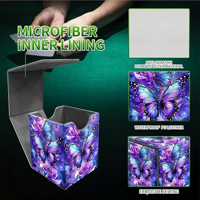 Deck Box for MTG, Cards Storage Box Fits 120+ Sleeved, Leather Medium Size Strong Magnetic Closing Card Case for Board Games Magic TCG CCG Baseball Collection, Purple Butterfly Flower