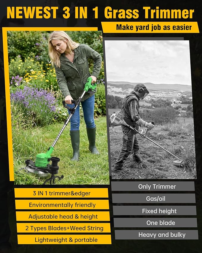 3 in 1 Cordless Weed Wacker, 21V Battery Powered Weed Eater & Brush Cutter, Electric Grass Trimmer/Edger Lawn Tool, 19000RPM Motor, 2 x 2.0Ah Batteries and Charger Included, Eco Friendly Grass Cutter