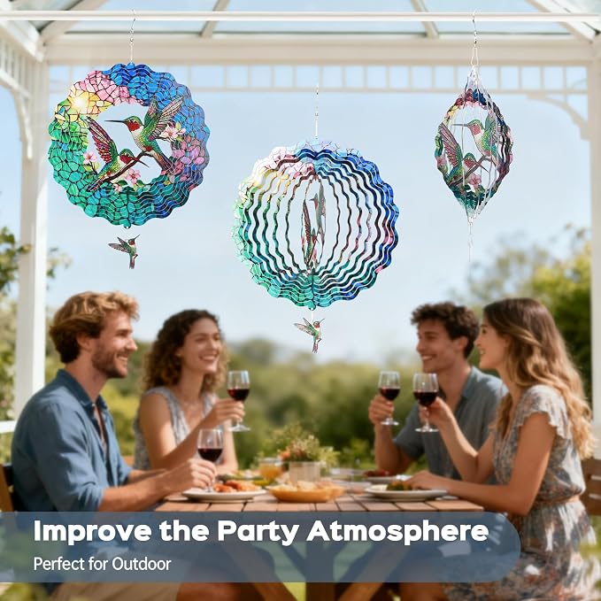 Hummingbird Wind Spinner, 12 Inch Stainless Steel Metal Wind Spinners, 3D Kinetic Hanging Sculpture, Indoor/Outdoor Garden Decor, Yard Art, Hummingbird Gifts for Women, Men, Mom, Dad, Grandma