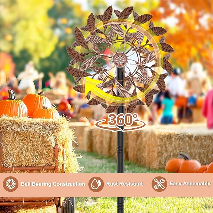 360° Wind Spinners Outdoor, Wind Sculptures Windmill with Metal Stake, Kinetic Large Metal Yard Art Decor Spinners Pinwheels for Garden Outside Patio Lawn, 63.2 * 13.2" (Rust Color)