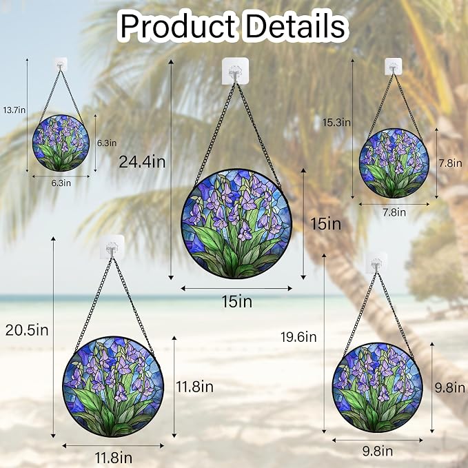 Stained Glass Suncatcher, Blue Purple Flowers Green Leaves Sun Catcher Plants Stain Glass Window Hanging Decoration Mother's Day Birthday Gifts for Women Men Mom and Nana 11.8 in
