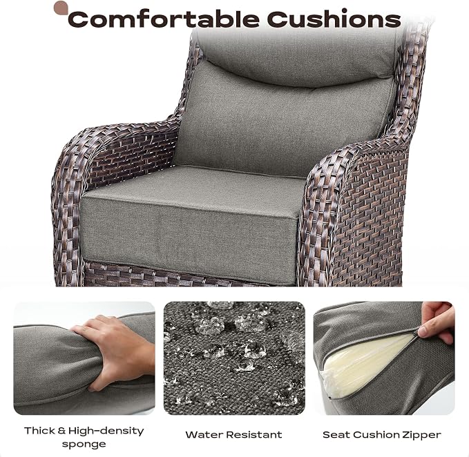 Rilyson Wicker Outdoor Patio Furniture Set - 5 Piece Patio Conversation Sets with Swivel Rocker Chairs, Ottomans and Side Table, 6 inch Cushions, Waterproof Wicker, for Porch Deck Brown/Grey