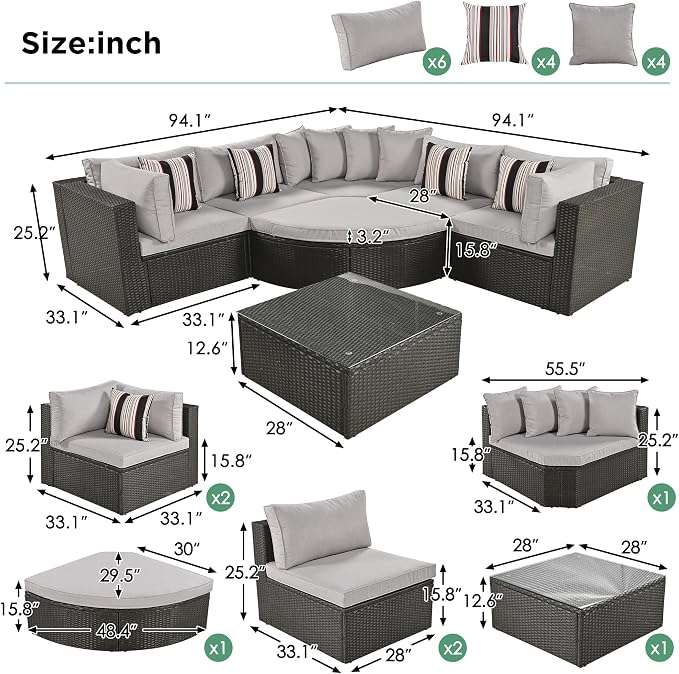 7-Piece Outdoor Wicker Sofa Set, Rattan Sofa Lounger with Striped Pillows, Gray Cushion, Conversation Sofa Set with Coffee Table, for Patio, Garden, Deck (Brown Wicker+Gray Cushion-@A)