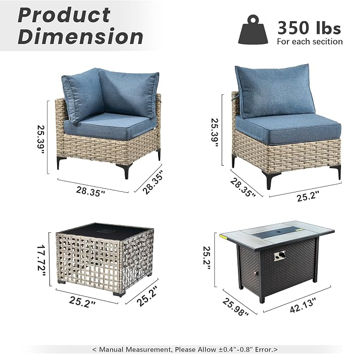 Outdoor Patio Furniture Sets,6 PCS Patio Conversation Set Outside Rattan Sectional Sofa with 42 in Fire Pit Table&Coffee Table Fit Backyard Porch Garden Poolside Balcony