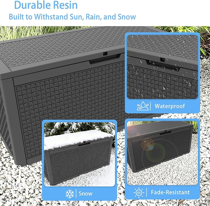 Pepe Tee Outdoor Deck Box, Lockable Waterproof Resin Storage Container with Wood-Look Design, 30 Gallon, Black (black, 101, Gallons)