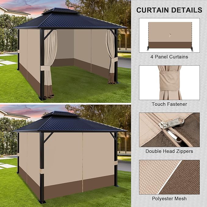 Aoodor 10x10 ft Outdoor Gazebo Curtains, 4 Panels Waterproof Privacy Sidewall Replacement with Zipper for Patio Pergola and Canopy, Sand Yellow and Brown