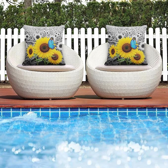 Throw Pillow Covers, Sunflower Butterfly, Set of 2, 18 x 18 Inch | Farmhouse Yellow Blue Outdoor Waterproof Square Cushion Case Garden Decorative for Couch Beach Patio