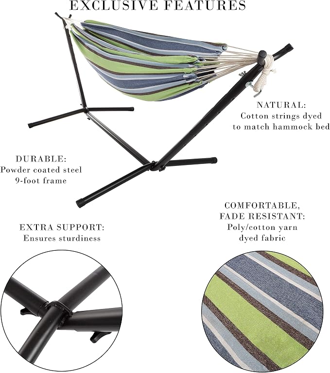Double Brazilian Hammock with Stand Included – Woven Cotton, 2-Person, Outdoor Swing with Frame for Camping, Backyard, or Patio by Pure Garden