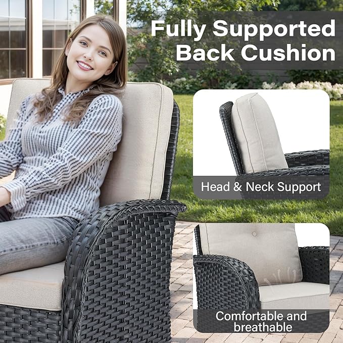 Belord 8 Piece Patio Furniture Set with 43" Fire Pit Table - Wicker Patio Conversation Set with Swivel Rocker Chairs and Sofa for Deck Outside Backyard Black