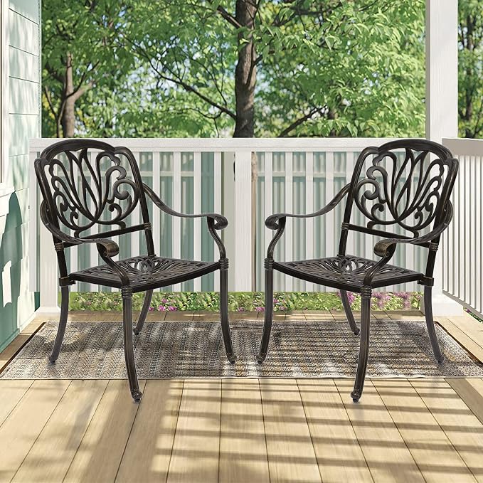 MEETWARM 2 Piece Patio Dining Chairs, Outdoor All-Weather Cast Aluminum Chairs, Patio Bistro Dining Chair Set of 2 for Garden Deck Backyard, Dark Bronze