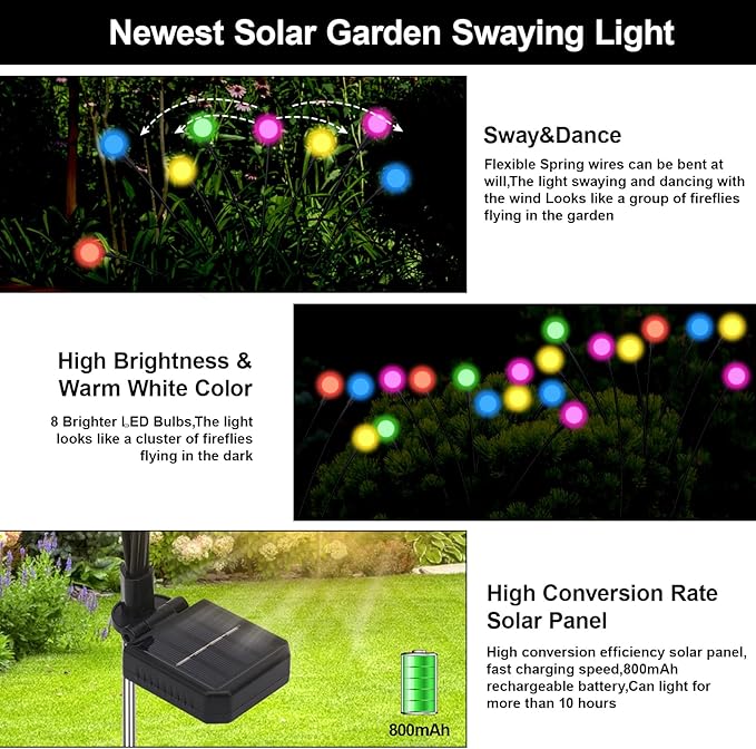 Solar Firefly Lights Outdoor Waterproof,8 Mode RGB Color Changing Firefly Swaying Solar Lights Stakes for Outside Christmas Holiday Yard Patio Plant Landscape Garden Decor 4 Pack(Multicolor)
