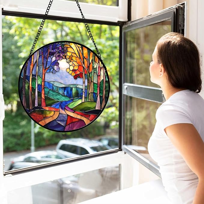 DASTOLL Stained Glass Window Hanging, Colorful Forest Landscape Tree Suncatcher for Doors Window Home Abstract Sun Catchers Decoration Mother's Day Birthday Gifts for Women, Men, and Mom 15 in