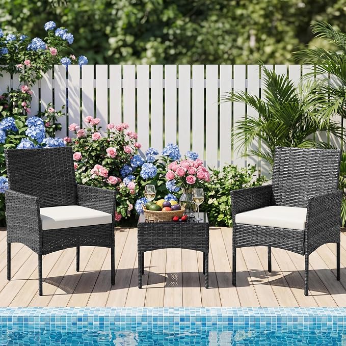 NEWBULIG 3-Piece Patio Furniture Set, Weather-Resistant Outdoor Wicker Furniture with Washable Cushion & Tempered Glass Tabletop, Durable Outdoor Seating for Balcony, Porch, Deck Black