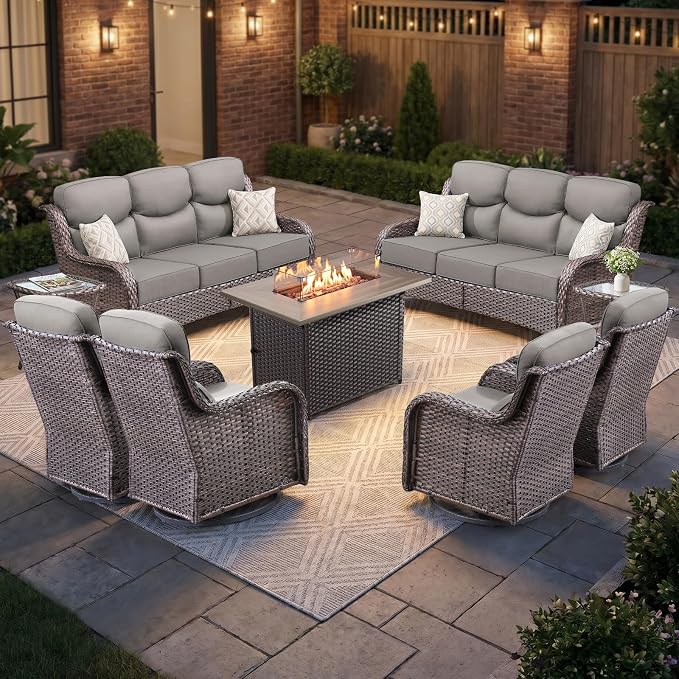 Luxury Swivel Rocker Chairs Fire Pit Set with 6" Thick Cushion 9 piece Wicker Outdoor Patio Chair with Sofa and Side Table,Comfortable High Back Outdoor Patio Furniture Set - Brown | Gery