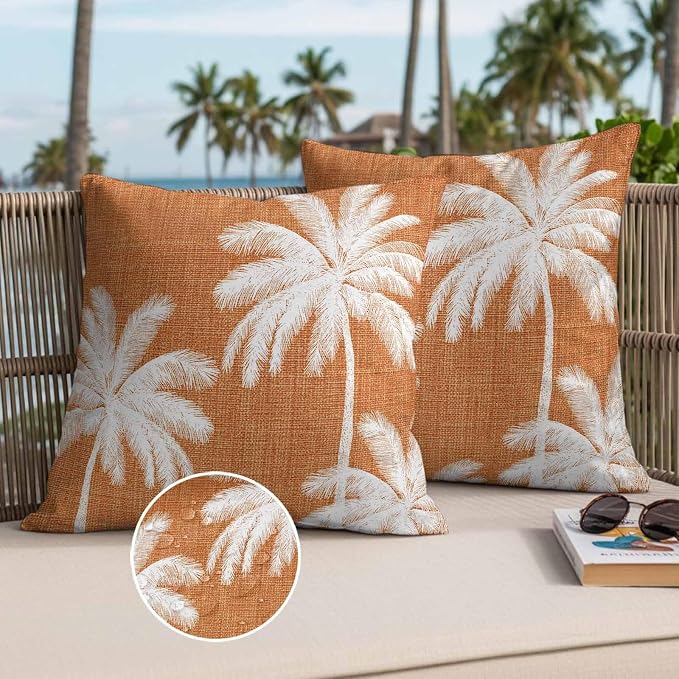 Outdoor Pillow Covers 16x16 Inch Set of 2, Burnt Orange Palm Trees Waterproof Throw Pillow Covers, Farmhouse Tropical Summer Beach Decorative Cushion Pillowcases for Couch, Sofa, Bed, Garden, Patio