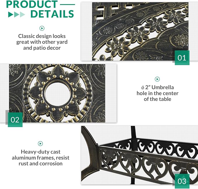 VIVIJASON 7 Pieces Cast Aluminum Outdoor Furniture Dining Set, Patio Conversation Set, Include 4 Stationary Chairs, 2 Swivel Dining Chairs and a Rectangle Table with Umbrella Hole, Ocean Blue Cushion