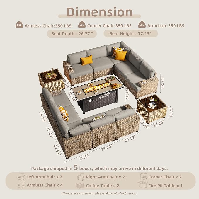 CAODOC Outdoor Sectional Patio Furniture Set with Fire Pit Table,13 Pieces Wicker Conversation Sets L Shaped Couch,Extra Deep Out Door Sofa Outside Furniture, Dark Grey