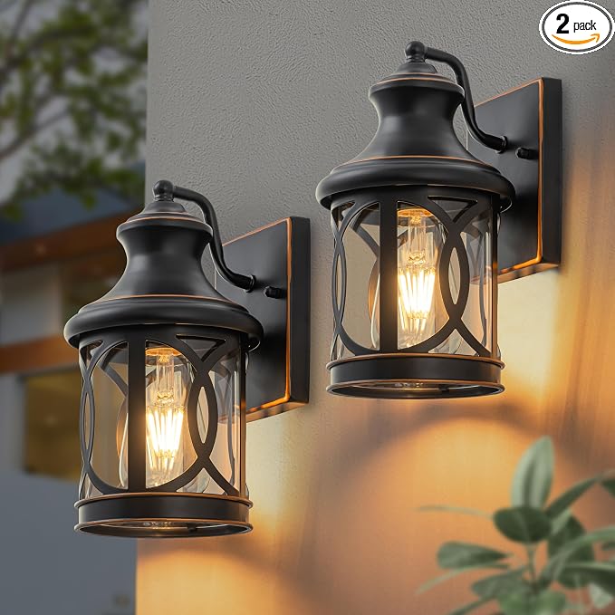 2-Pack Outdoor Wall Lights, Porch Lights, Waterproof Outdoor Wall Sconce, Exterior Light Fixture Oil-Rubbed Bronze Finish with Clear Glass Shade for Garage Patio Front Door Balcony