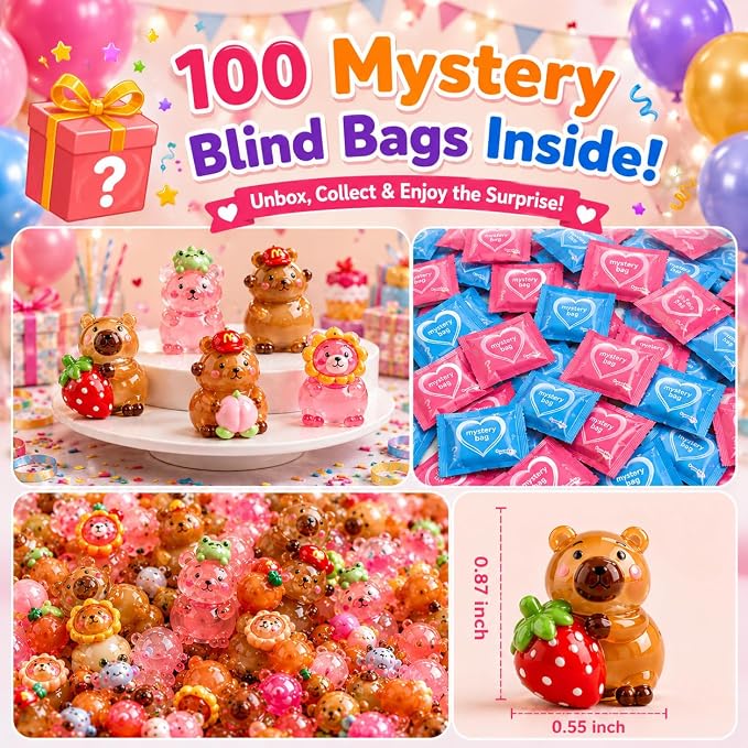 100 PCS Mystery Bag Mini Resin Capybara Blind Bags, Cute Glow in The Dark & Regular Capybara Figurines Surprise Box Toys for Kids, Tiny Collectible Party Favors, Cake Toppers, Phone Case Charms