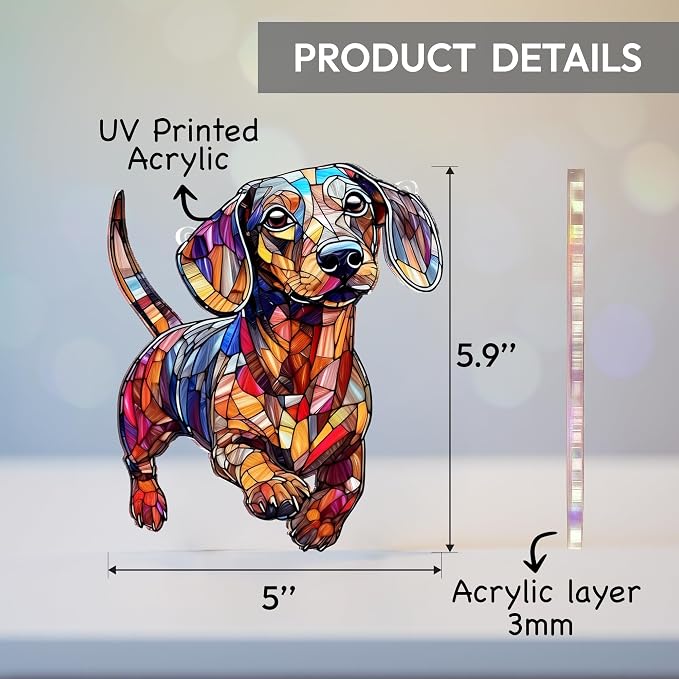 Dachshund Gifts for Women, Colorful Dachshund Ornament for Window Hanging | 5.9"x5" Acrylic Suncatcher Ornament Faux Stained Glass, Dog Lovers Gifts for Women, Dogs Christmas Ornaments for Tree Hanging