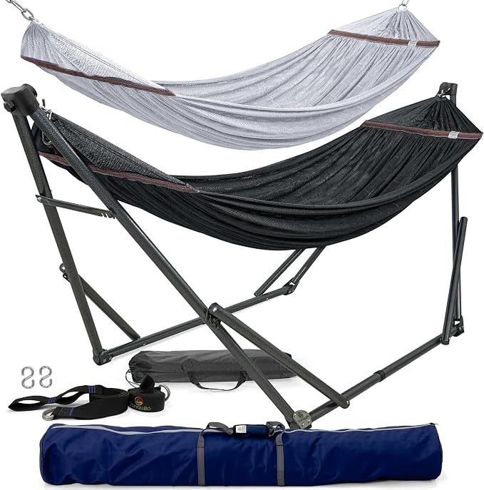Tranquillo Combo x2 Hammocks with Stand for Outside & Tree Straps, Heavy Duty Hammock with Stand 600lbs for Indoor Outdoor Patio Backyard, x2 Hammocks for 2 Person (Combo - Black, Medium)