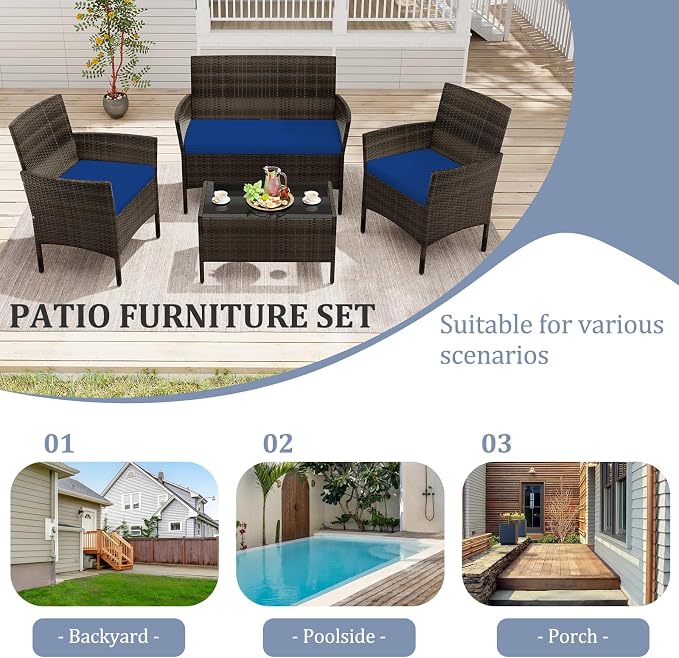 KOTEK 4 Piece Patio Furniture Set, Outdoor Rattan Conversation Set with Loveseat, Wicker Chairs, Tempered Glass Coffee Table, Wicker Patio Set for Backyard, Porch (Navy)