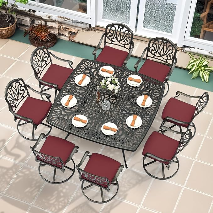 MEETWARM 9-Piece Outdoor Patio Dining Set for 8, All Weather Cast Aluminum Patio Funiture Table and Chairs Set- Large 64" Square Table and 8 Cushioned Swivel Rocker Chairs, 2.2" Umbrella Hole, Red