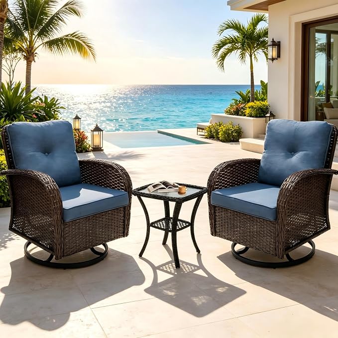 Outdoor Swivel Rocker Patio Chairs 3 Pieces，Swivel Patio Chairs with Cushions，Outdoor Swivel Rocking Chairs Set of 2 with Rattan Side Table，Patio Furniture Set for Outside Porch Deck