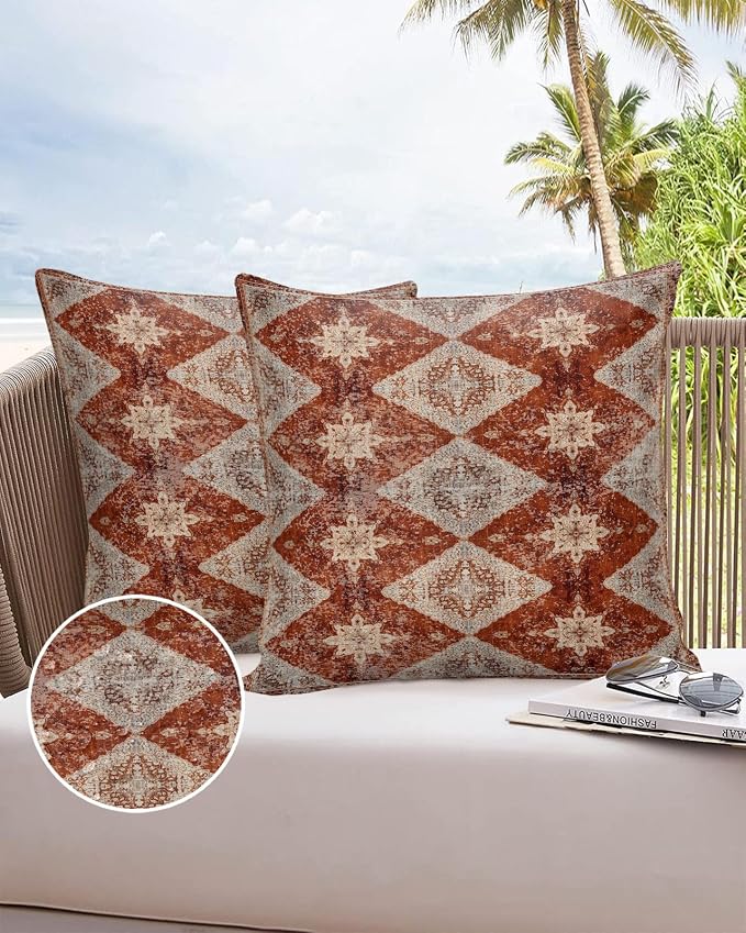 Outdoor Waterproof Pillow Covers Set of 2, Medieval Turkish Patterns Vintage Mural Wallpaper Patio Throw Pillow Covers, Decorative Cushion Case for Couch Sofa Furniture Garden, 16x16 Inch
