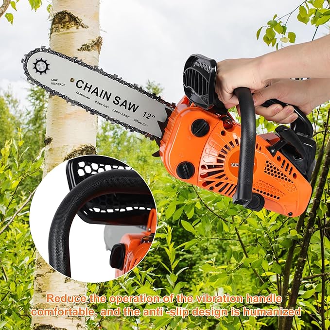 25.4cc Gas Chainsaw,12 inch Cordless Chain Saw Gas Handheld High-Power Logging Saw 2-Stroke Automatic Oiler Power Chainsaw for Forest Cutting Logging Tree Wood Cutting Trimming 9800 RPM (Orange)